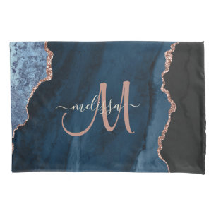 Chic Blue Rose Gold Glitter Agate Custom Monogram Pillowcase