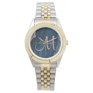 Chic Blue Rose Gold Glitter Agate Custom Monogram Watch