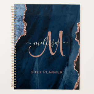Chic Blue Rose Gold Glitter Agate Monogram 2024 Planner