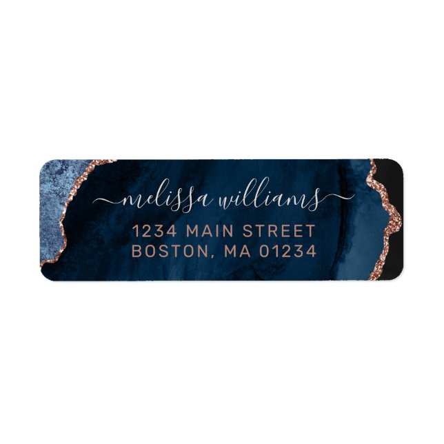 Chic Blue Rose Gold Glitter Agate Return Address (Front)
