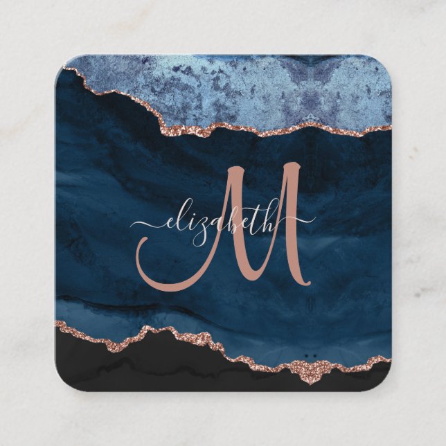 Chic Blue Rose Gold Glitter Agate Script Monogram Square Business Card (Front)