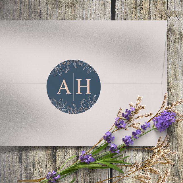 Chic Blue & Rose Gold Monogram Wedding Classic Round Sticker (Creator Uploaded)