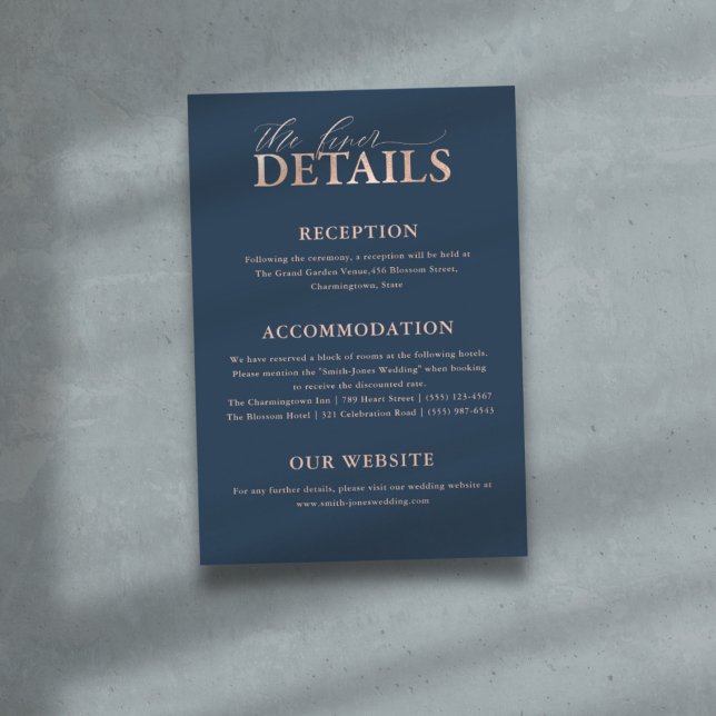 Chic Blue & Rose Gold Typography Wedding Details Enclosure Card (Creator Uploaded)