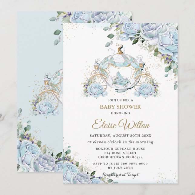 Chic Blue Roses Princess Carriage Baby Shower Invitation (Front/Back)