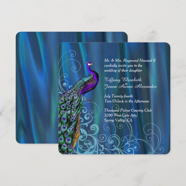 Chic Blue Satin and Peacock Wedding Invitation (Front/Back)