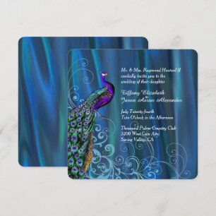 Chic Blue Satin and Peacock Wedding Invitation
