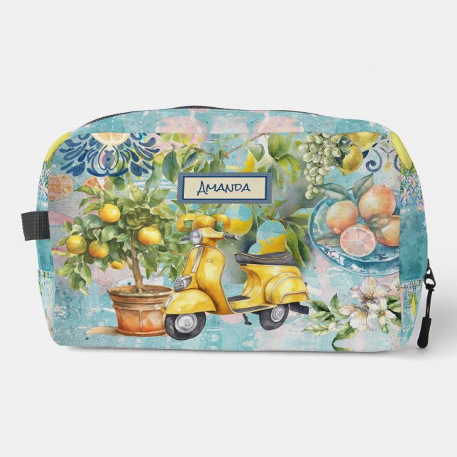 Chic blue sicilian citrus collage floral tiles dopp kit (Front)