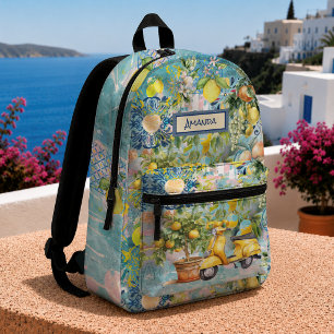 Chic Blue Sicilian Citrus Floral Tile Collage Printed Backpack