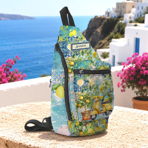 Chic Blue Sicilian Citrus Floral Tile Collage Sling Bag