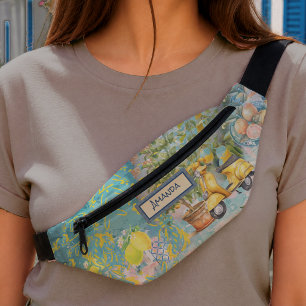 Chic Blue Sicilian Lemon Tile Collage Bum Bags