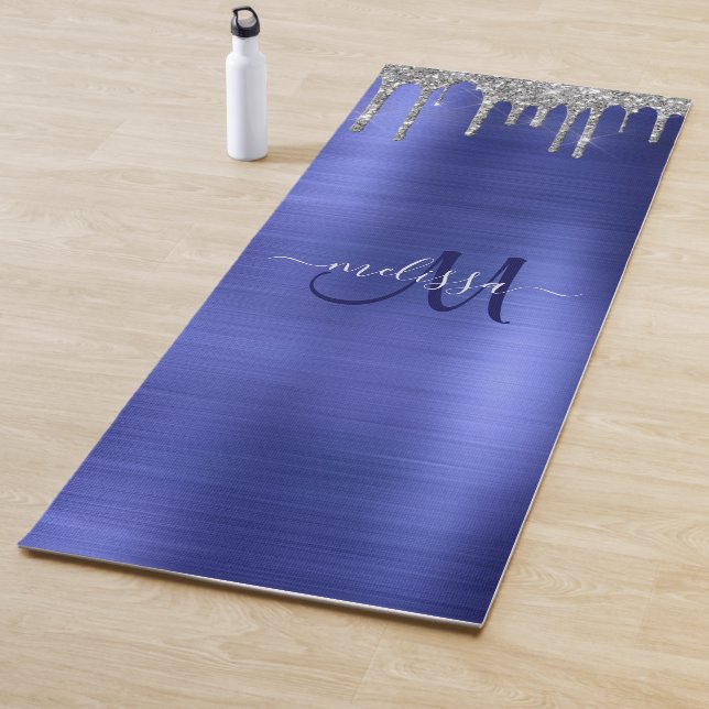 Chic Blue Silver Dripping Glitter Monogram Name Yoga Mat (In Situ)