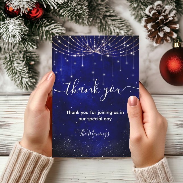 Chic blue silver faux glitter lights thank you card (Creator Uploaded)