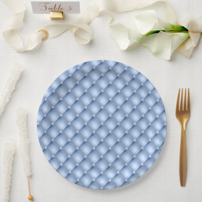 Chic Blue Silver Faux Tufted Paper Plate (Wedding)