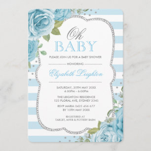 Chic Blue Silver Floral Boy Baby Shower Invitation