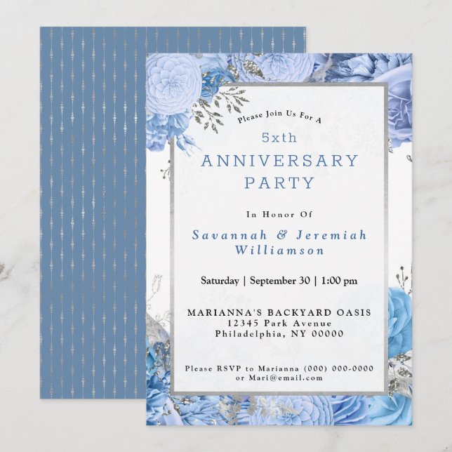 Chic Blue Silver Floral Customisable Anniversary Invitation (Front/Back)