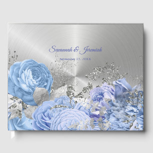 Chic Blue Silver Floral Customisable Wedding Guest Book