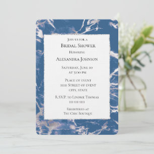 Chic Blue Silver Marble Bridal Shower Invitation