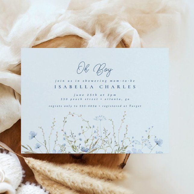 Chic Blue Sky Wildflowers Boy Baby Shower Invitation (Creator Uploaded)