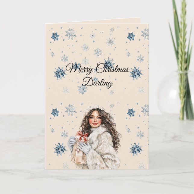 Chic Blue Snowflakes Brown Hair Female Card (Front)