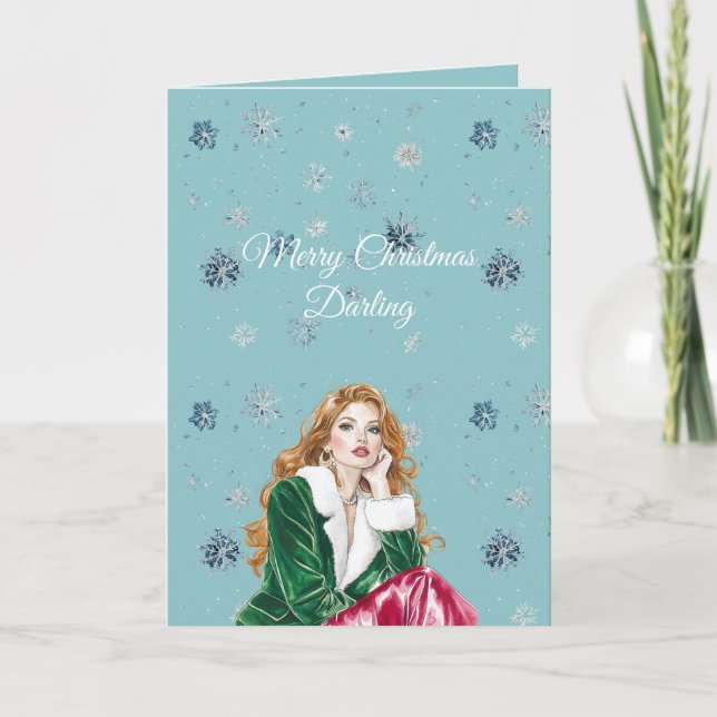 Chic Blue Snowflakes Red Head Female Card (Front)