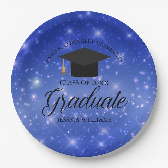 Chic Blue Sparkle Graduate Custom Graduation Party Paper Plate (Front)
