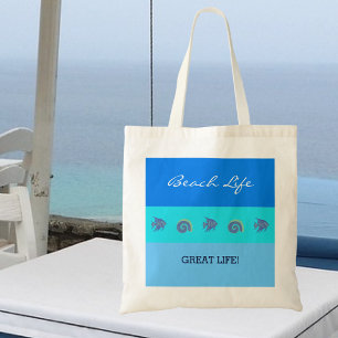 Chic Blue Stripes Fish and Sea Shells Beach Life Tote Bag
