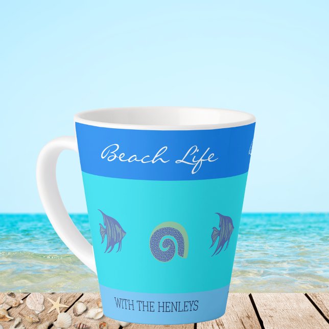 Chic Blue Stripes Fish Family Name Beach House Latte Mug (Creator Uploaded)