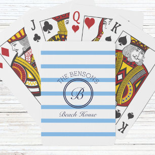 Chic Blue Stripes Monogram and Family Name Beach Playing Cards
