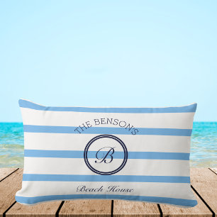 Chic Blue Stripes Monogram Family Beach House Lumbar Cushion