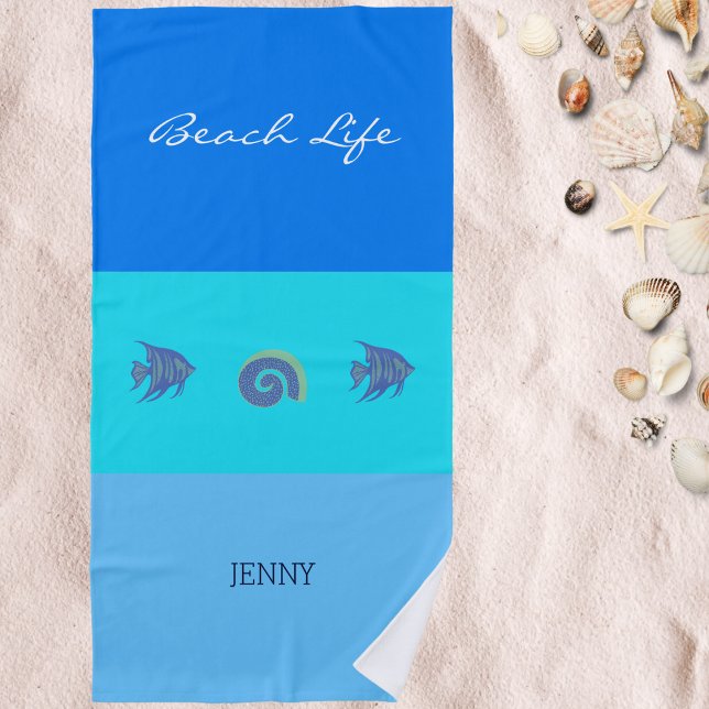 Chic Blue Stripes Name Shell and Fish  Beach Towel (Creator Uploaded)