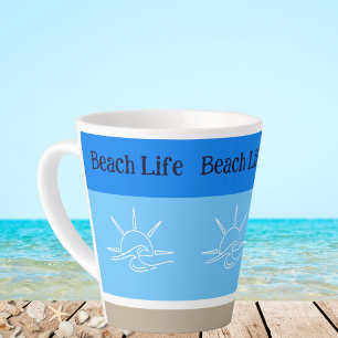 Chic Blue Stripes Tan Beach House  Latte Mug
