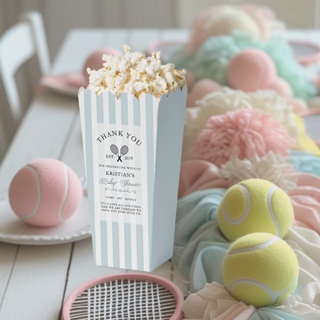 Chic Blue Stripes Tennis Thank You Baby Shower Favour Box (elegant baby blue tennis theme baby shower popcorn boxes for favors, gifts  or thank you prizes)