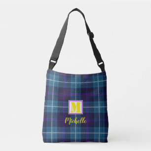 Chic Blue Tartan Personalised Monogram Script Name Crossbody Bag