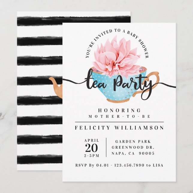 Chic Blue Teacup Tea Party Baby Shower Invitation (Front/Back)