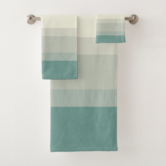 Chic Blue Teal Green Stripes Designer Ocean Colour Bath Towel Set (Insitu)