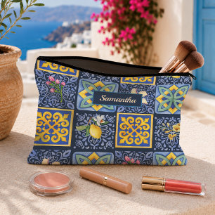 Chic Blue Teal Mediterranean Citrus Floral Design Accessory Pouch