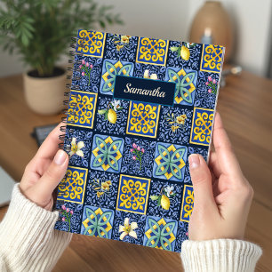 Chic Blue Teal Mediterranean Citrus Tile Art Notebook