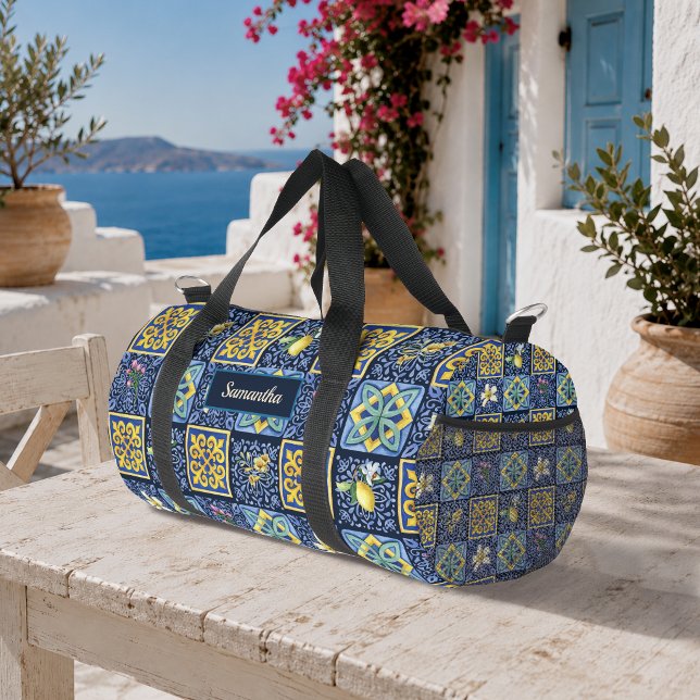 Chic Blue Teal Mediterranean Sicilian Citrus Duffle Bag (Creator Uploaded)