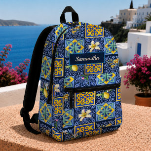 Chic Blue Teal Sicilian Citrus Majolica Tile Printed Backpack