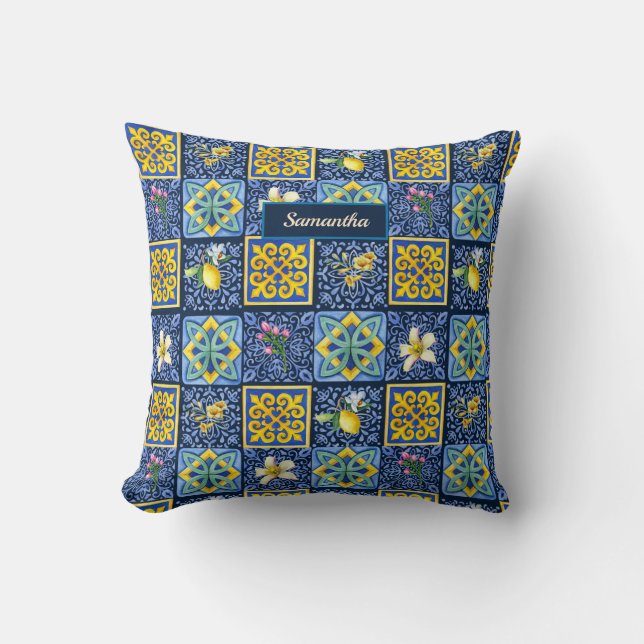 Chic Blue teal Sicilian citrus Mediterranean Cushion (Front)