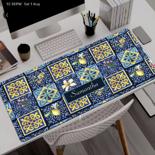 Chic Blue teal Sicilian citrus Mediterranean Desk Mat