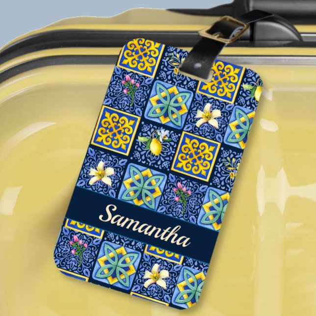 Chic Blue teal Sicilian citrus Mediterranean Luggage Tag (Creator Uploaded)