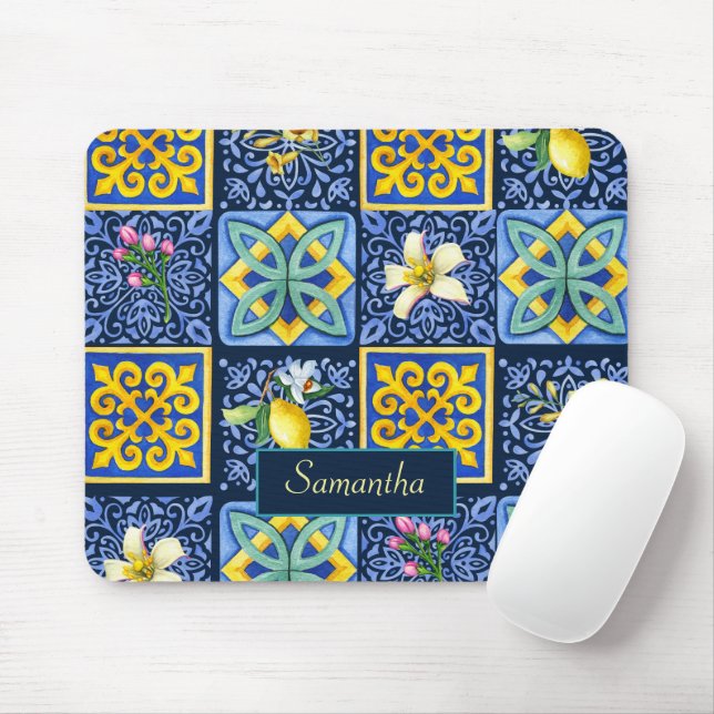 Chic Blue teal Sicilian citrus Mediterranean Mouse Mat (With Mouse)