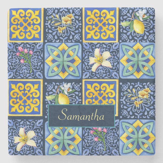 Chic Blue teal Sicilian citrus Mediterranean Stone Coaster (Front)