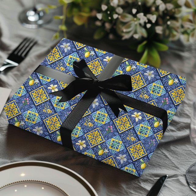 Chic Blue teal Sicilian citrus Mediterranean  Wrapping Paper (Creator Uploaded)