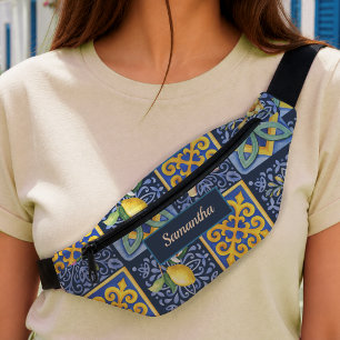 Chic Blue Teal Sicilian Citrus Tile Mediterranean Bum Bags