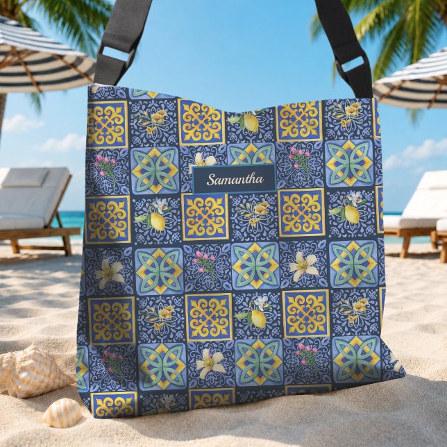 Chic Blue Teal Sicilian Citrus Tile Pattern Crossbody Bag (Creator Uploaded)