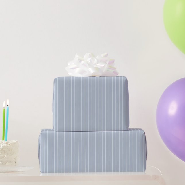 Chic Blue Thin White Stripes Birthday Wrapping Paper (Party Gifts)