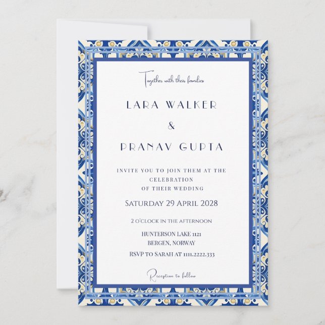 Chic Blue Tile Wedding Elegance Invitation (Front)