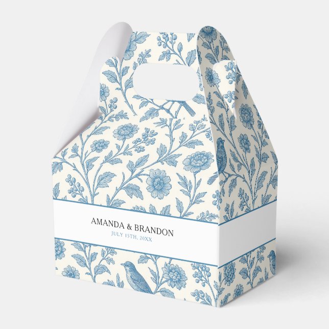Chic Blue Toile de Jouy Floral Border Wedding Favour Box (Back Side)
